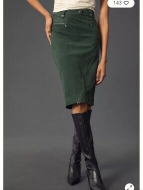 Anthropologie Maeve Slim Slit Moto Midi Skirt Green Faux Suede Size 10 / Large